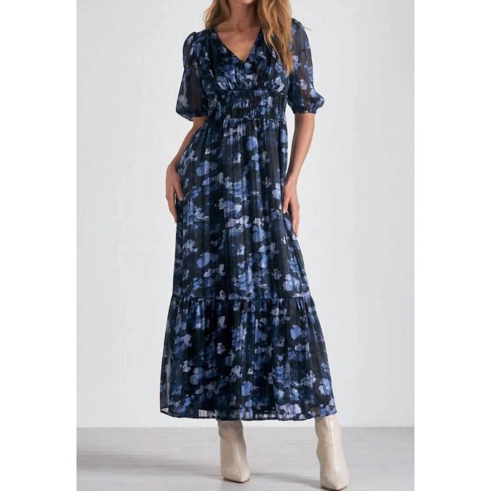 Elan V-Neck Floral Maxi Dress Black Blue Floral Puff Sleeves Size Large NWOT